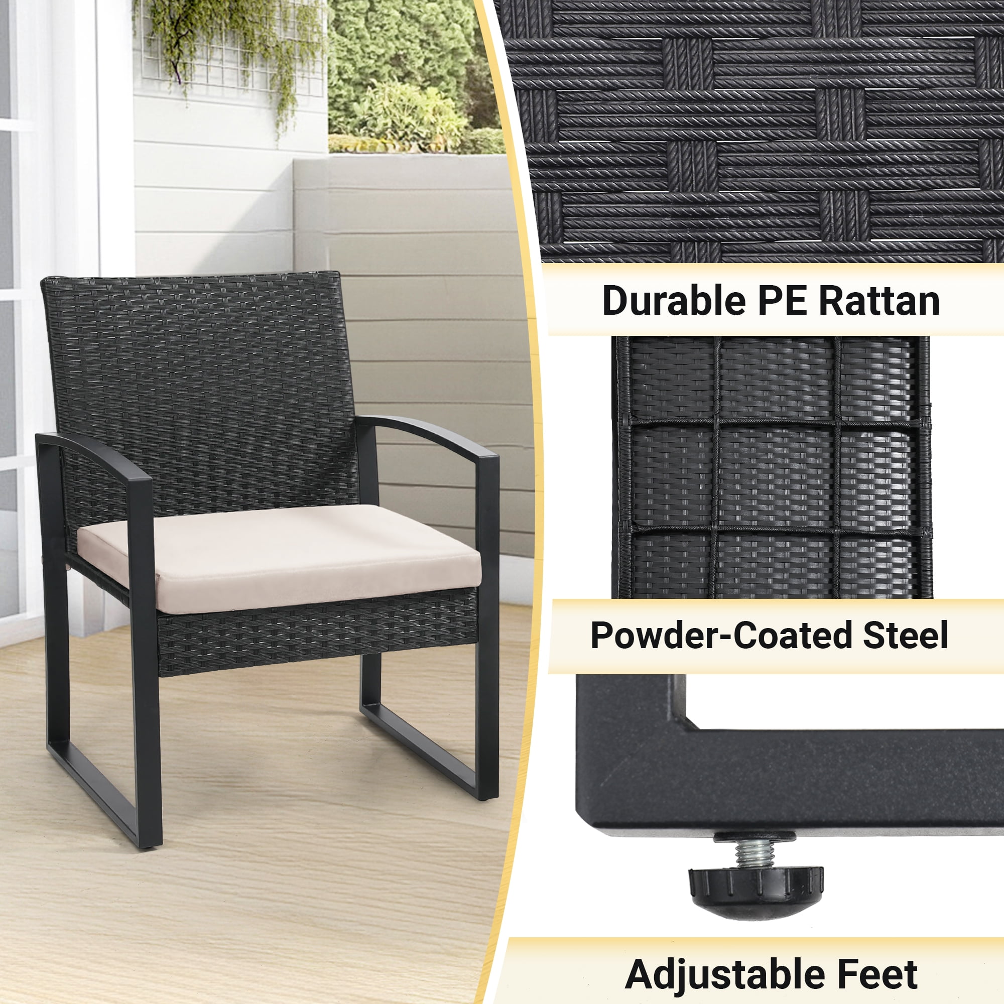 TUAREX 3-Piece Rattan Patio Furniture Set, All-Weather Wicker Bistro Set with Coffee Table and Cushioned Chairs for Garden, Yard, Balcony, Beige