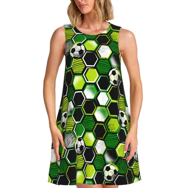 Vsdgher Robe d'Été Imprimée Soccer1 pour Femmes Décontractée Col en U Robe de Plage Sans Manches Robe Débardeur Ample avec Poche