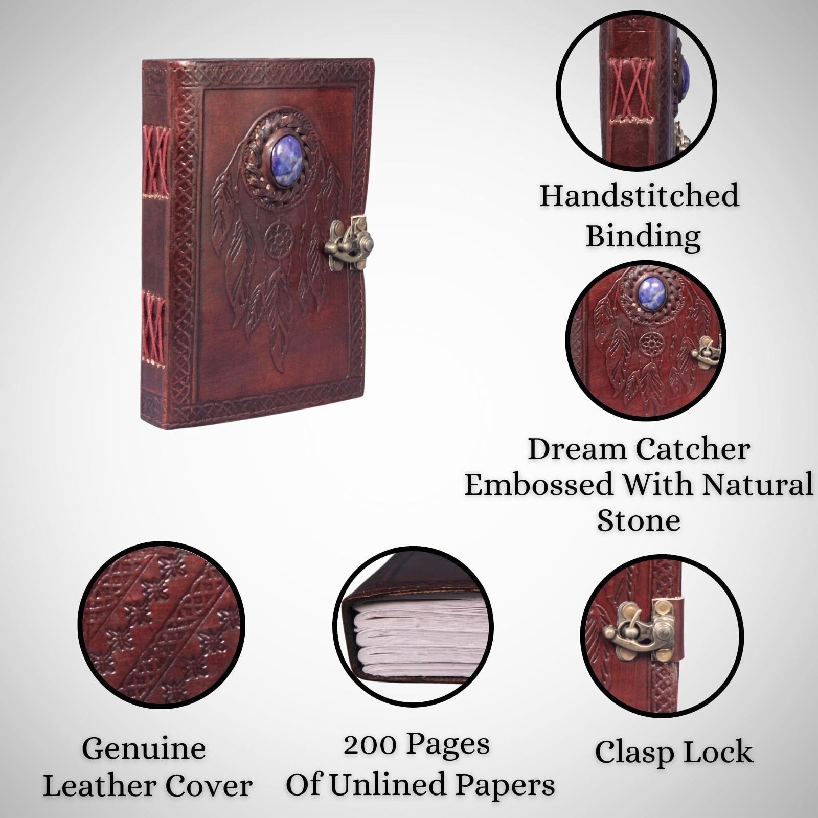 Genuine Leather Dreamcatcher Journal – Handmade Embossed Writing Diary with Lapis Stone & Antique Lock | Unlined Notebook & Sketchbook for Men & Women