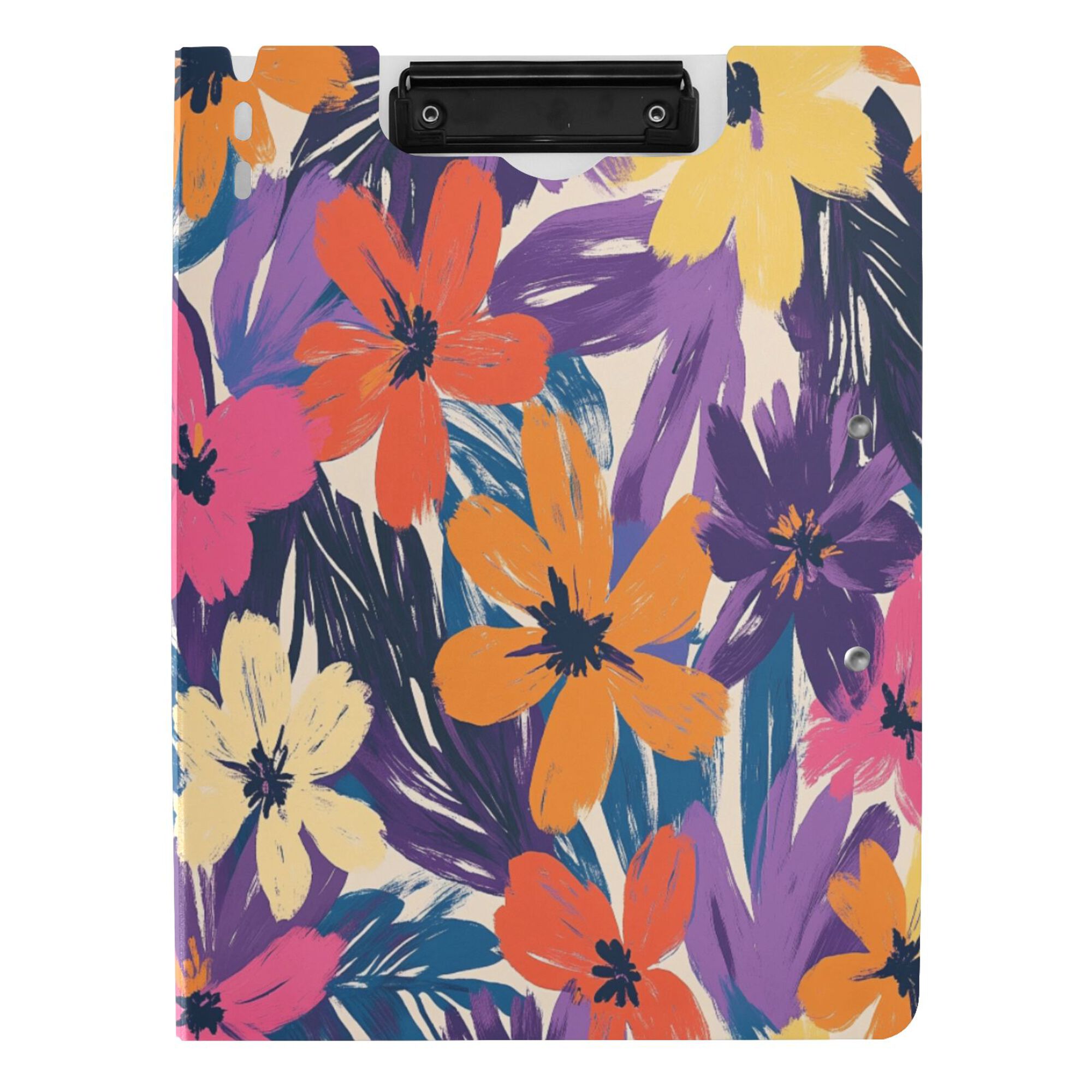FORMRS A4 Clipboard Folder with Pen Holder Horizontal Foldable School Office Binder, Colorful Painted Flowers Pattern