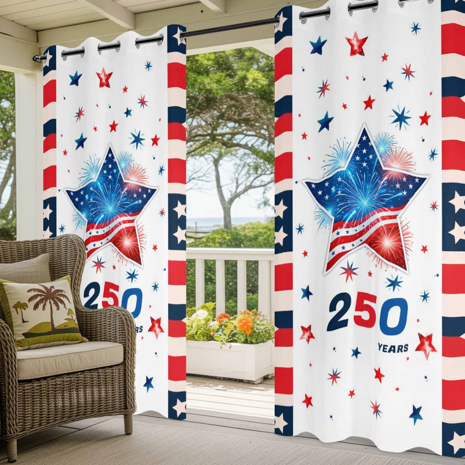 Independence Day Outdoor Curtains for Patio, Years US Flag Red Blue Star Fireworks Sunshade Privacy Drapes Grommet Waterproof Outside Curtains for Porch/Cabana/Balcony 54"x 108", 1 Panel