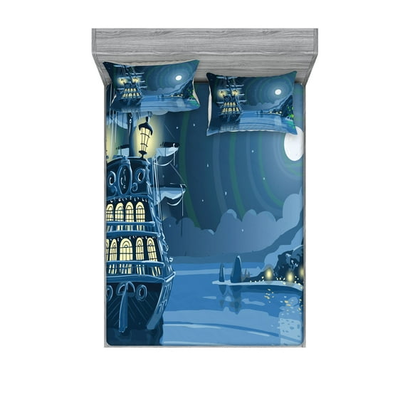 Ambesonne Cartoon Fitted Sheet & Pillow Sham Set, Pirate Ship Moon, Full, Blue