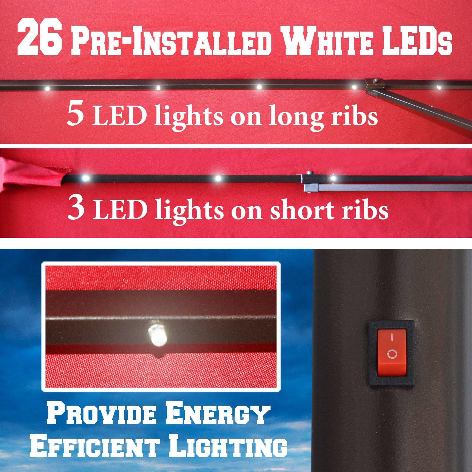 Sunny 10'x6.5' OUTDOOR SOLAR 26 LED LIGHTS ALUMINIUM PATIO UMBRELLA RECTANGLE TILT-ECRU COLOR
