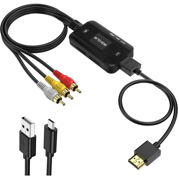 1080p AV to HDMI Converter for TV/PC/N64/Wii/PS1/PS2/PS3/STB/Xbox/VHS/VCR/Blue-Ray DVD Players, with RCA and HDMI Cables