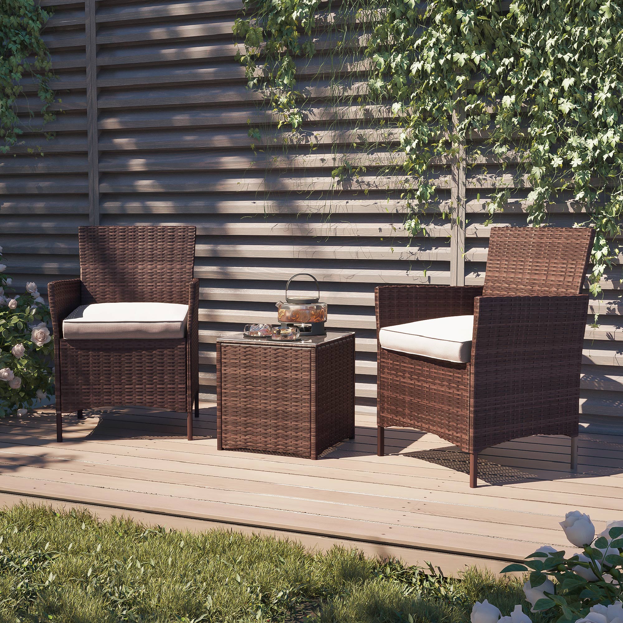 BELLEZE Wicker Furniture Outdoor Set 3 Piece Patio Outdoor Rattan Patio Set Two Chairs One Glass Table Brown - image 2 of 6