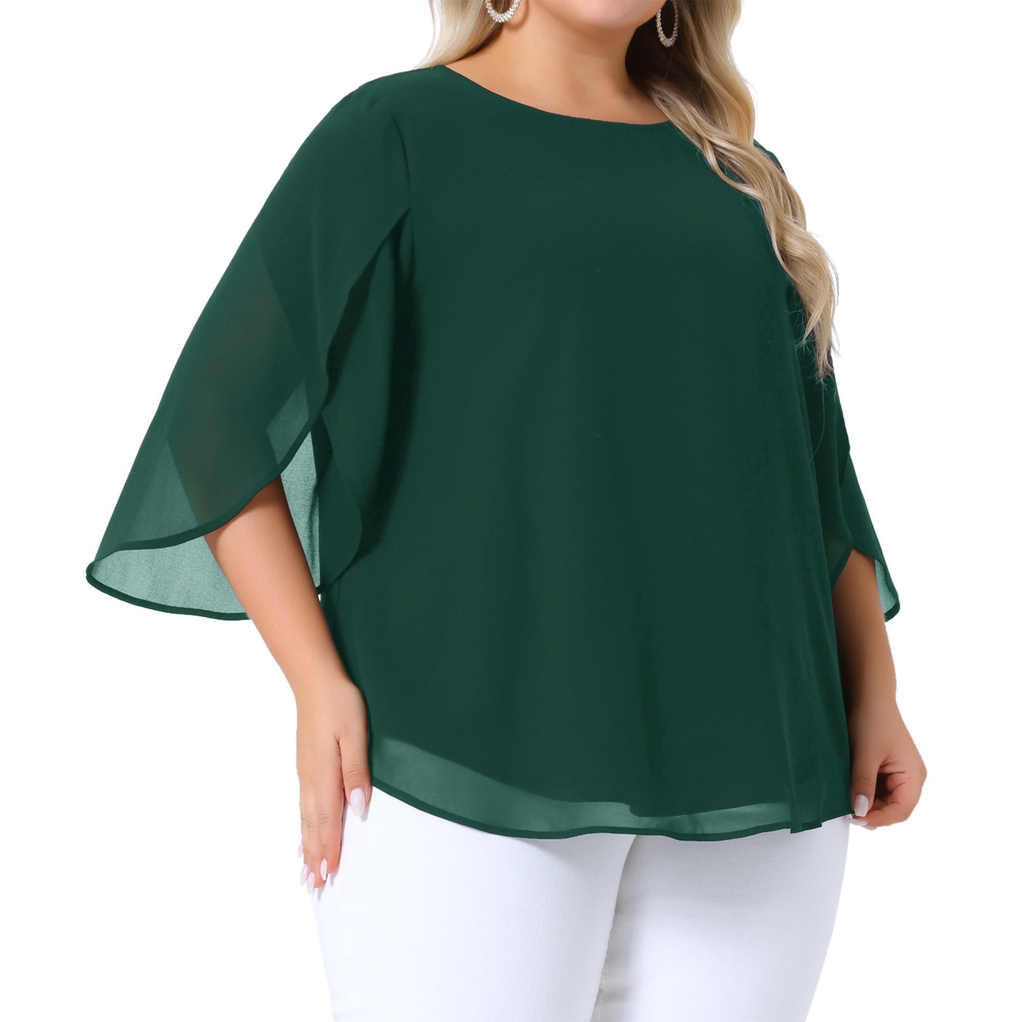 DARING DIVA Women's Plus Blouses with Flutter Petal Half Sleeve Chiffon Top 4X Dark Green