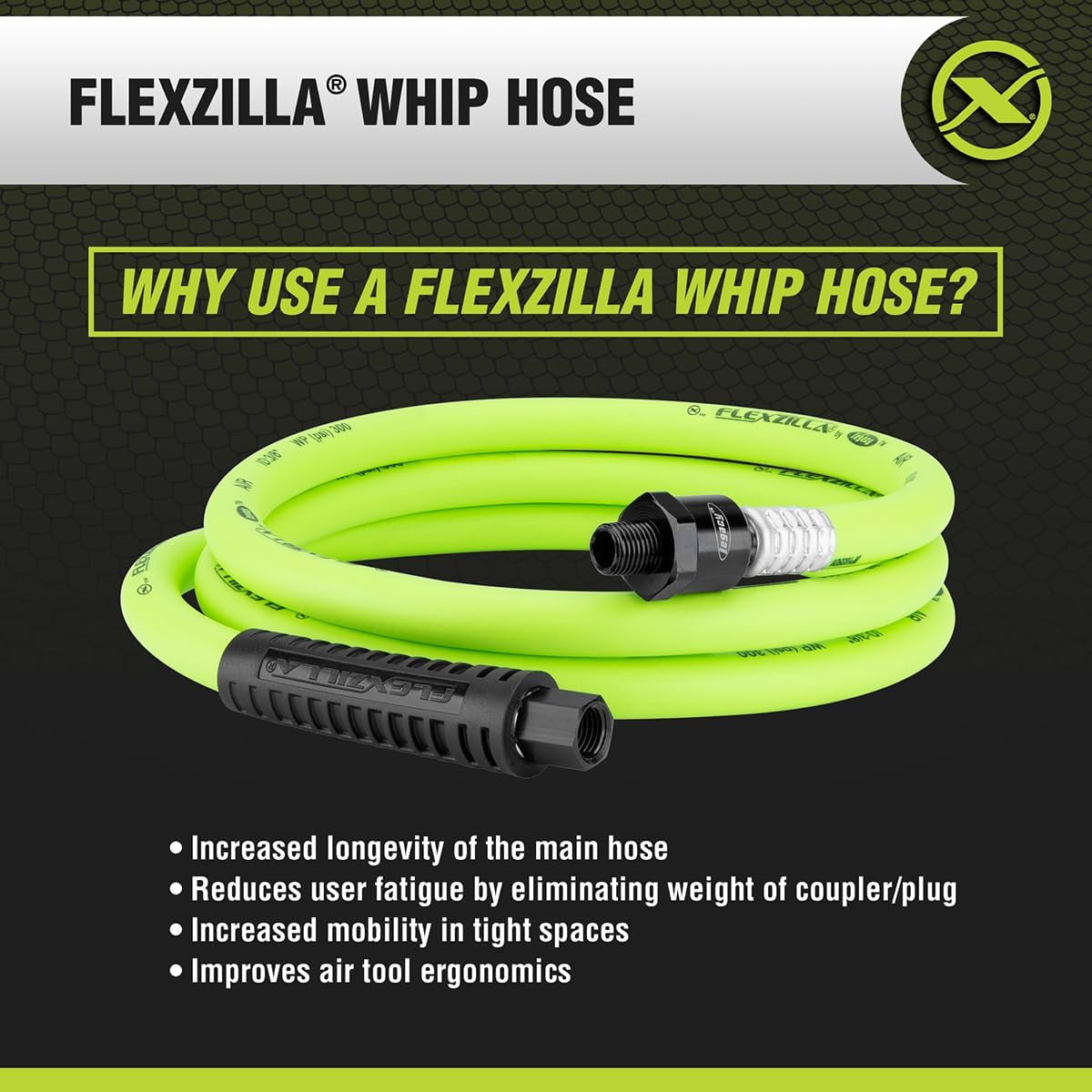 FANHAO Swivel Whip Air Hose, 3/8 in. x 6 ft. (1/4" MNPT Ball Swivel x 1/4" FNPT Ends), Heavy Duty, Lightweight, Hybrid, ZillaGreen - HFZ3806YW2B