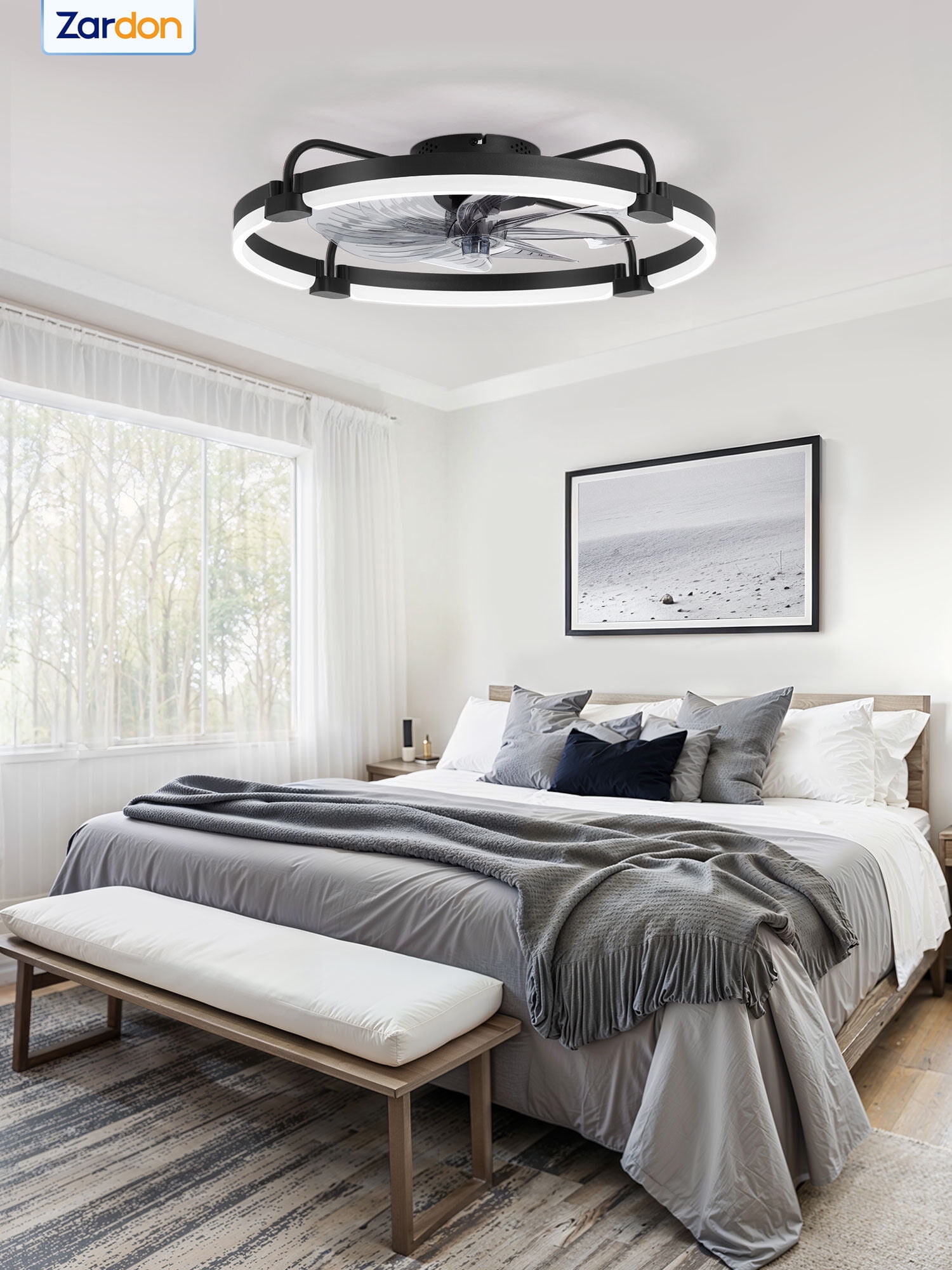 Zardon 24'' Ceiling Fans with Lights and Remote, Modern Flush Mount ,Dimmable LED Fan Light, for Bedroom, Black