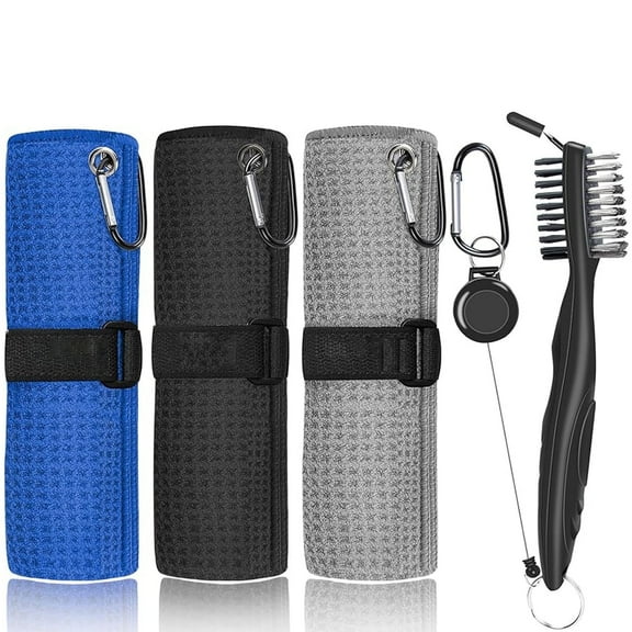 3 Pack Golf Towel (16" X 16") with Golf Club Brush, Microfiber Waffle Pattern Golf Towels for Golf Bags for Men,Essential Golf Combo Cleaning Kit (Black Gray Blue)