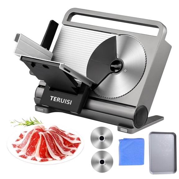 TERUISI Foldable Meat Slicer, Electric Food Slicer for Bread Cheese Deli Meat 2 Removable 7.5 inch Blades 0-15mm Thickness for Home Kitchen