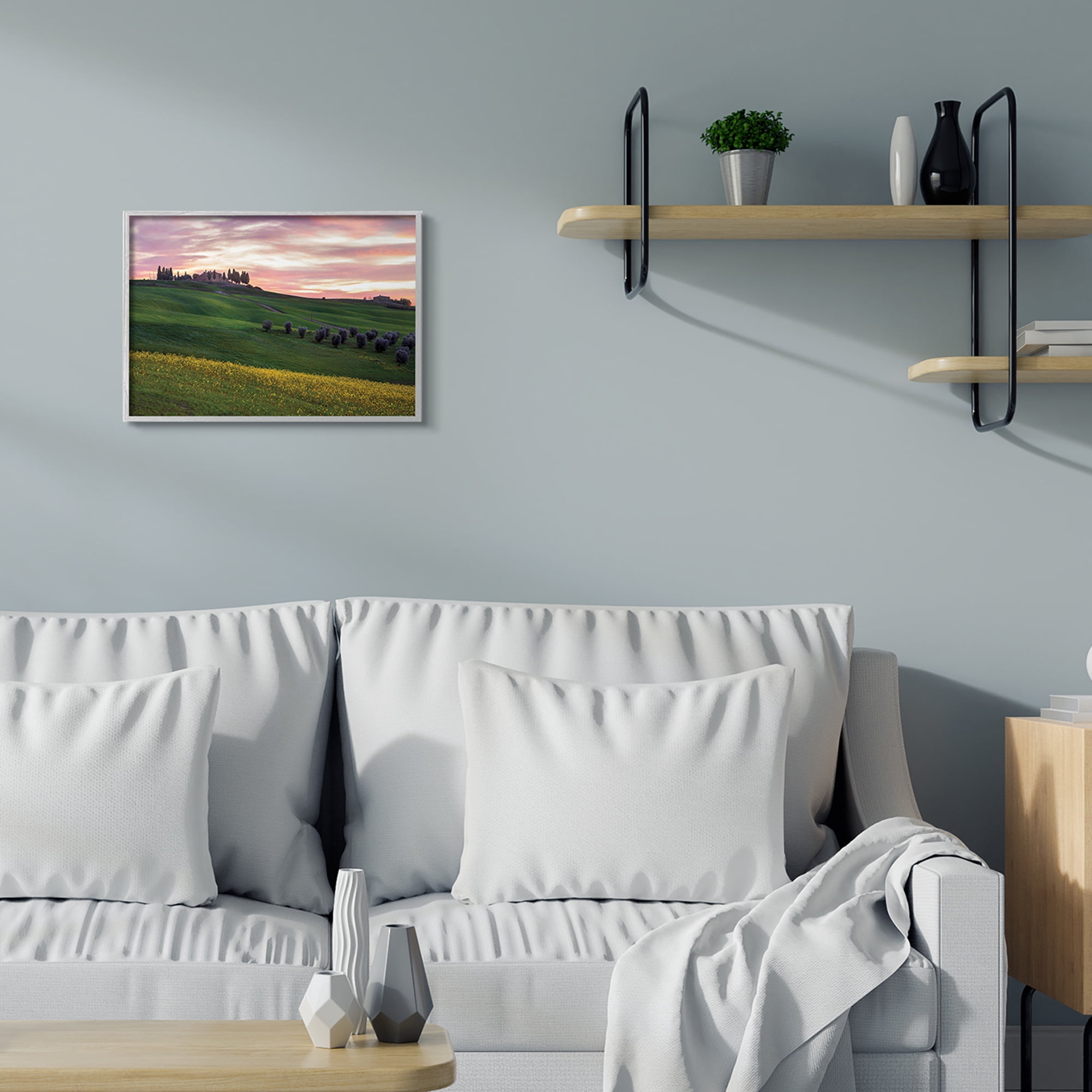 Stupell Industries Sunrise over Countryside Hills Yellow Floral Field Photography Gray Framed Art Print Wall Art, 16x20, by Dora Artemiadi