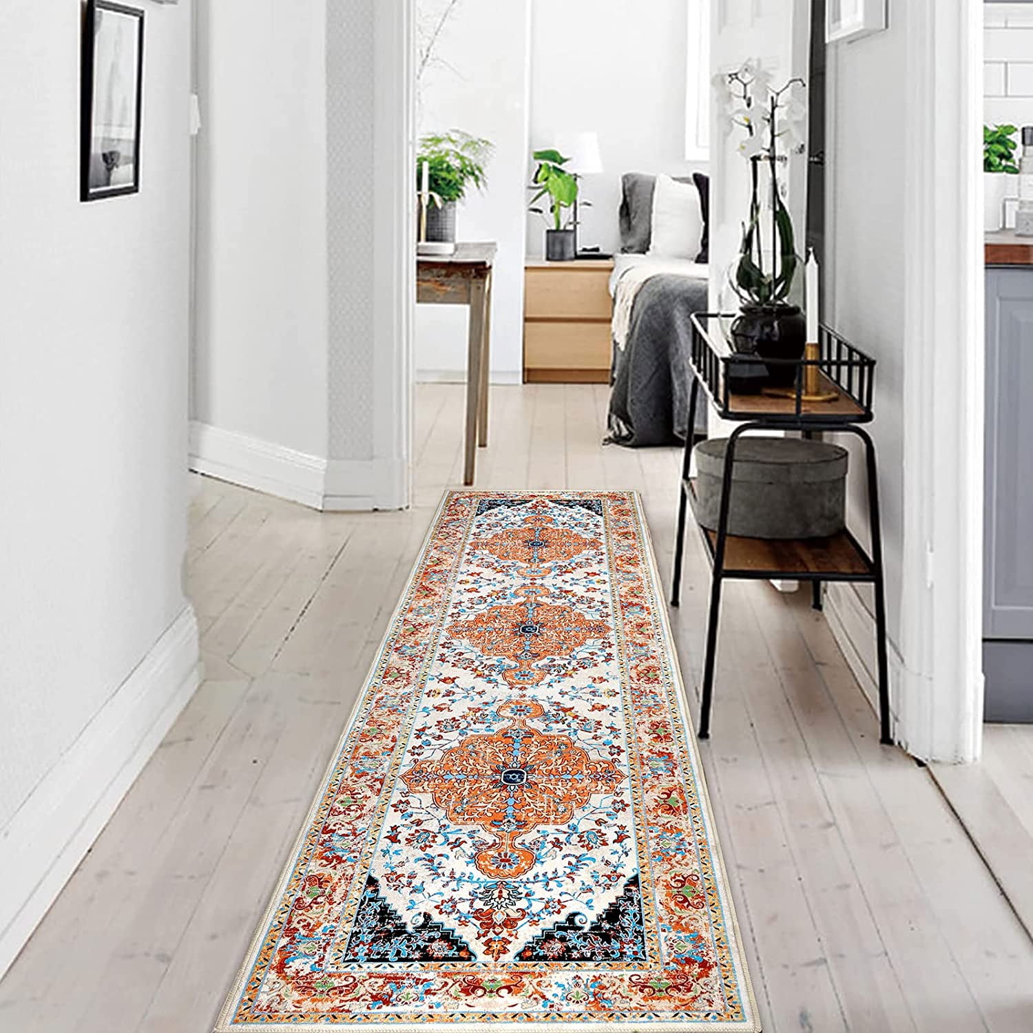 Findosom 2'x8' Vintage Boho Runner Rug Washable Non-slip Area Rug,Hallway Indoor Farmhouse Bedroom Kitchen Living Room Non Shedding Runner, Contemporary Low Plie Floor Carpet Doormat,Orange