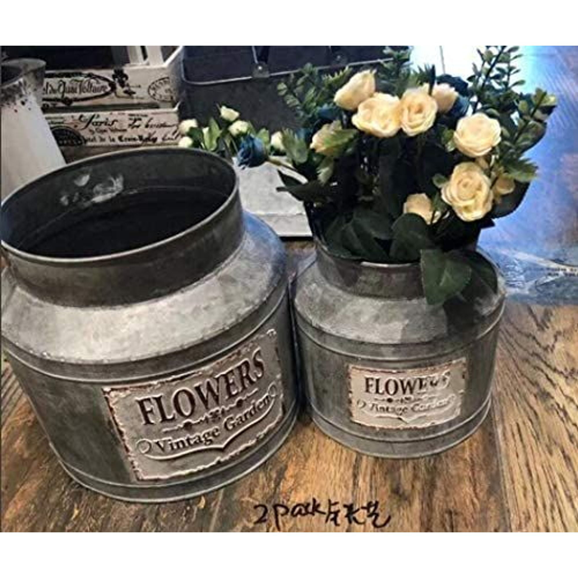 2Pack Vintage Galvanized Metal Tin Bucket Bin Planter for Home Indoor