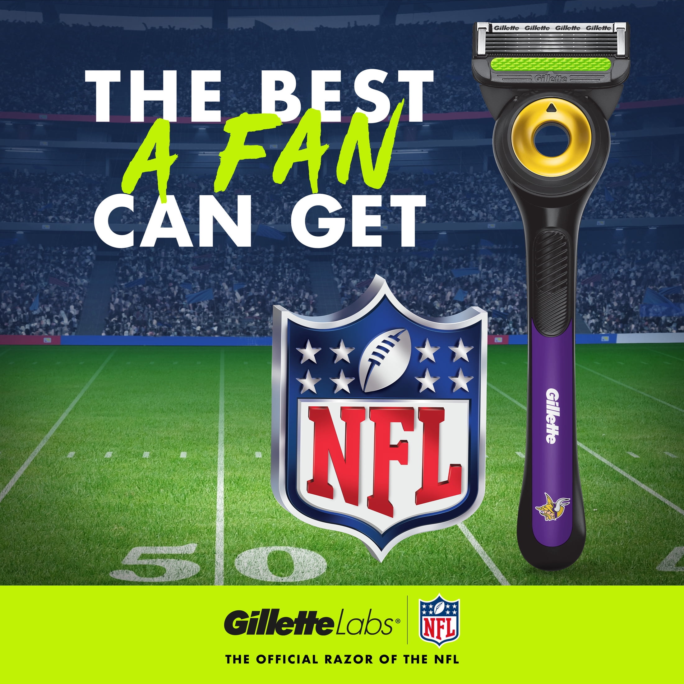 Gillette Labs Official Vikings Licensed Razor for Men, Perfect for Game Day Grooming, Gillette Labs with Exfoliating Bar, 1 Handle, 4 Blade Refills, with Magnetic Stand