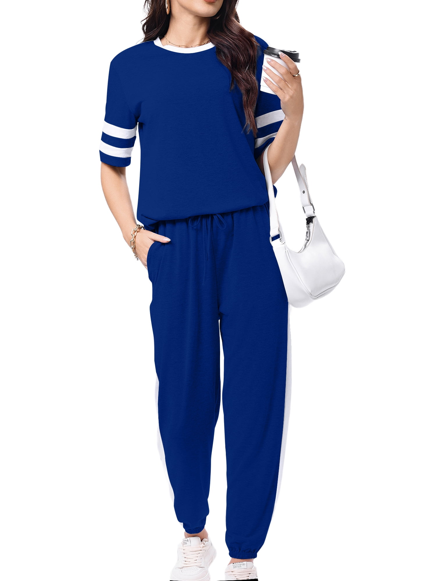 Shine Up Women's Striped Short Sleeve Sweatsuit Set