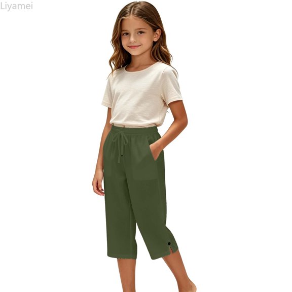 Liyamei Girls Beach Casual Pants with Solid Color Capri Style for Summer Comfort Size 5-14 Years