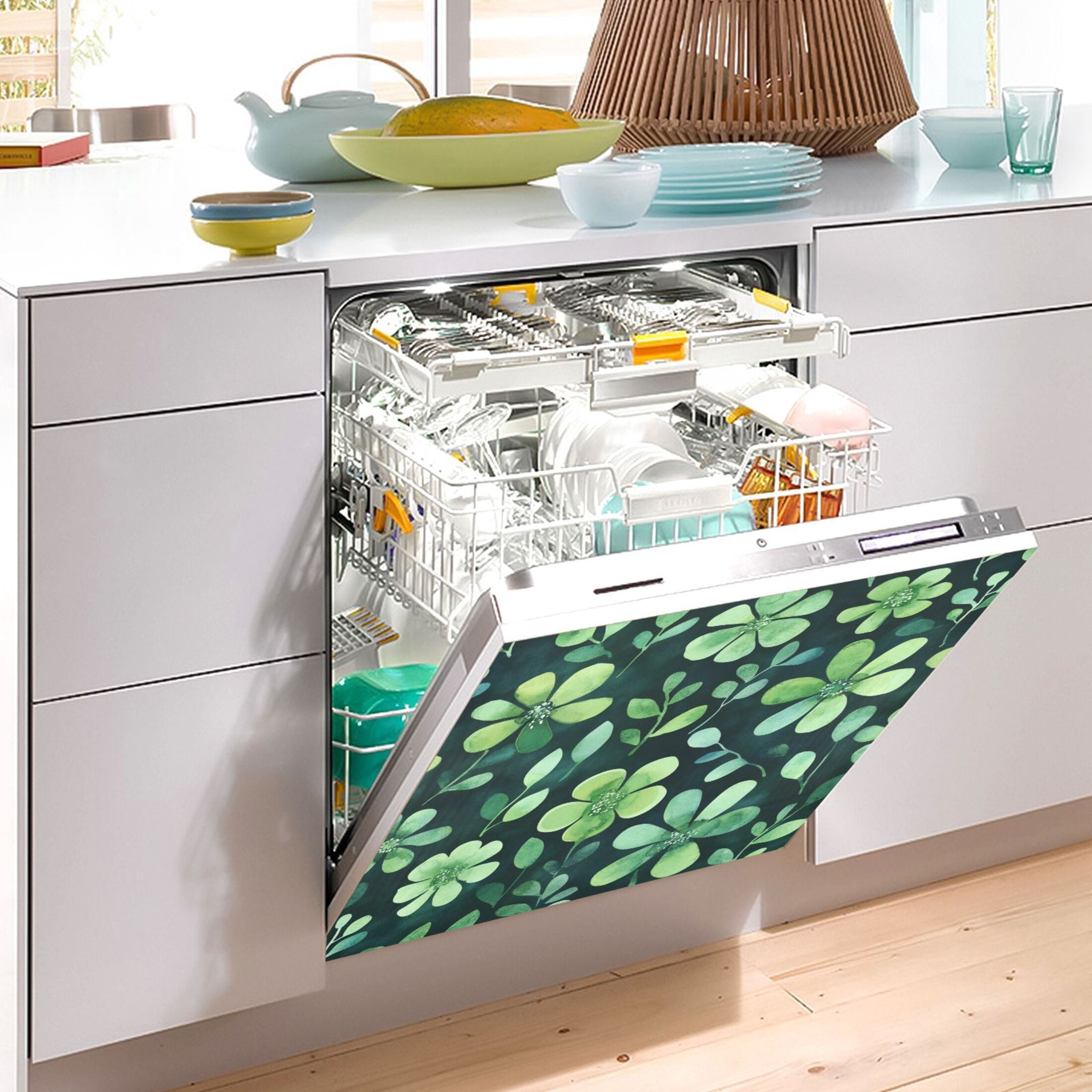 Dishwasher Magnetic Sticker 23x26 Inch Refrigerator Magnetic Sticker Washing Machine Magnetic Sticker Kitchen Panel Magnetic Sticker Home Decor Cartoon Green Flowers