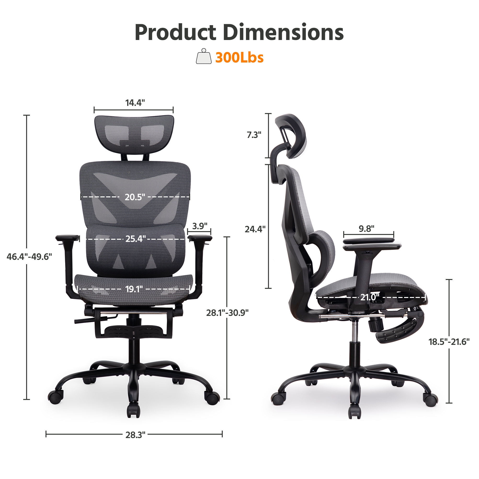 LAUSAINT HOME Ergonomic Office Chair,  High Back Desk Chair with Adjustable Lumbar Support & Retractable Footrest, Black