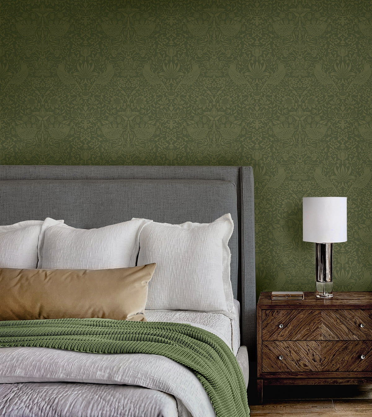 NextWall Moss Green Tonal Bird Garden Peel and Stick Wallpaper