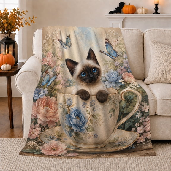 Whimsical Siamese Kitten Floral Teacup, Cozy Pet Portrait Pattern, Warm Flannel Blanket for Living Room and Bedroom, Cat Lovers Valentine's Day Gift, Pet Lover Home Decor