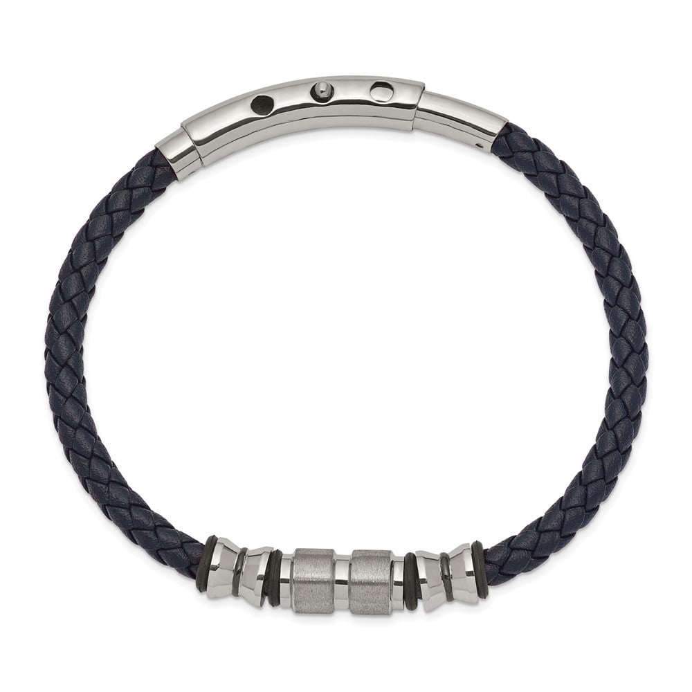Diamond2Deal Stainless Steel Black IP-Plated with Rubber Blue Braided Leather Adjustable Bracelet for Men 8.5"