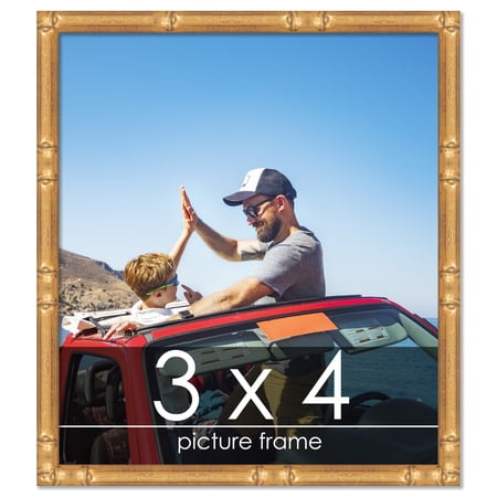 3x4 Gold Thin Bamboo Picture Frame - UV Acrylic, Foam Board Backing, Hanging Hardware