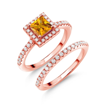 Gem Stone King 18K Rose Gold Plated Silver Women Wedding Engagement Ring Band Bridal Set Princess Yellow Citrine and Moissanite 1.16cttw