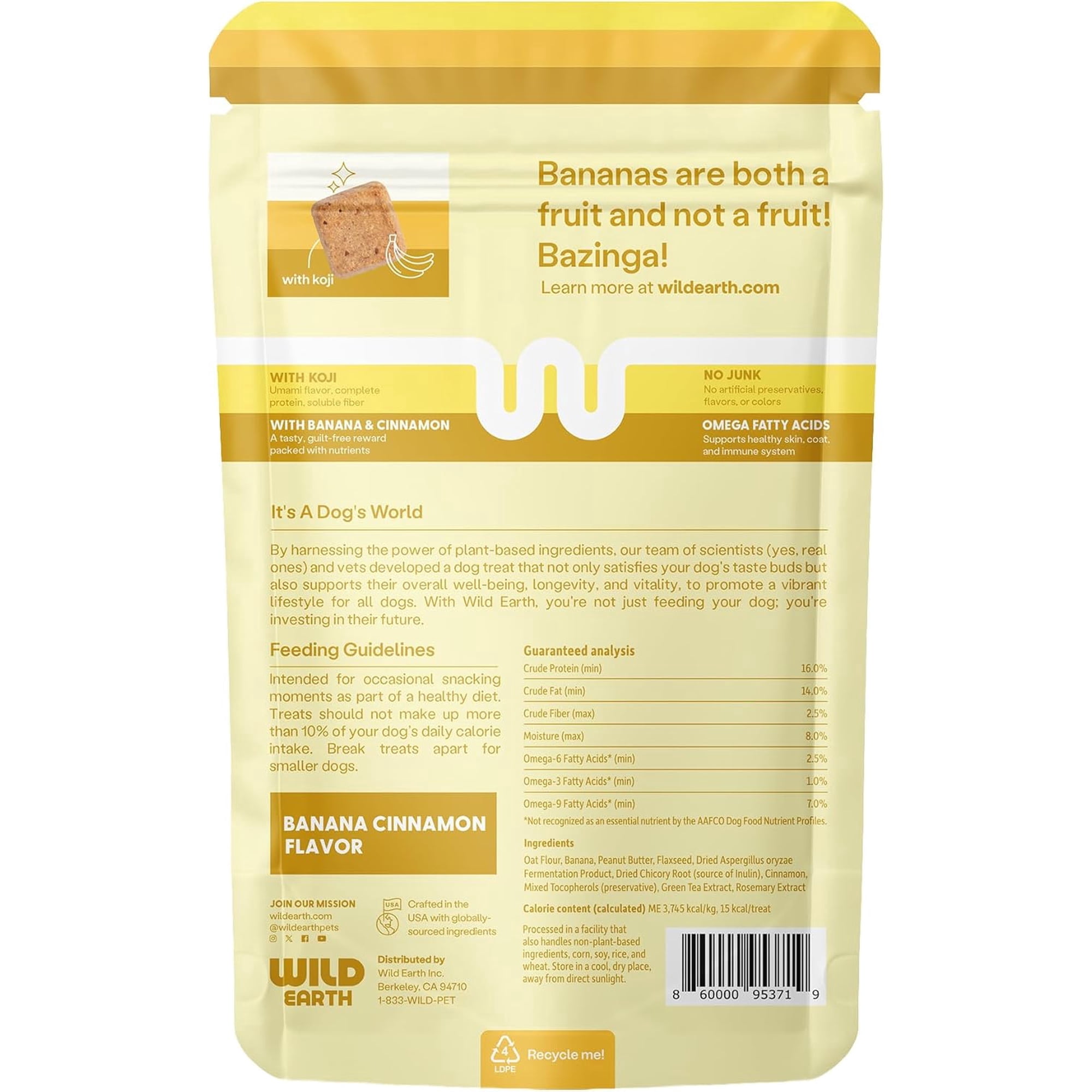 Wild Earth Superfood Dog Treats, Plant Based Dog Treats with Omega Acids, Prebiotics & Koji Protein, No Fillers, Veterinarian-Developed, Banana & Cinnamon Flavor 3 Pack