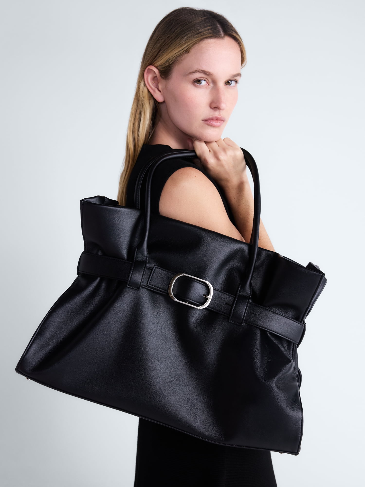 Scoop Women's Faux Leather Buckle Tote Bag, Rich Black