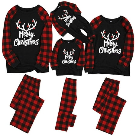

VASTSEE Matching Family Pajamas Sets Christmas PJ s with Letter and Plaid Printed Long Sleeve Tee and Bottom Loungewear