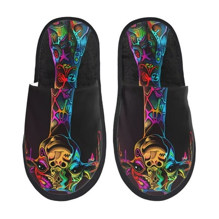 Balery Neon Psychedelic Giraffe Slient Indoor Furry Fleece Comfort House Shoes Soft Non-Slip Home Shoes Cotton slippers House Slippers-- Medium