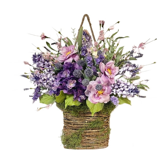 Kitchen & Dining Wreath Door Hanger Basket Wreath Decorative Spring Artificial Wildflowers Front Door Hanging Basket for Home Wedding Purple