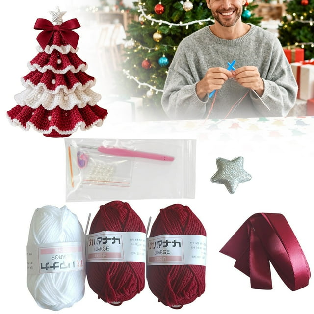 Christmas Decorations Desktop Ornament DIY Crochet Christmas Tree Set Red And Green Christmas Tree Crochet Set Christmas Tree Ornament Decoration With Instruction Manual Included Desktop dress up