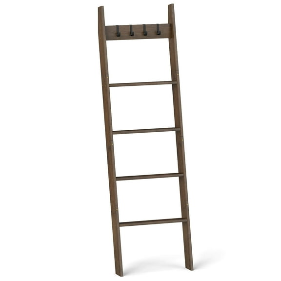 Costway Bamboo Blanket Ladder 5-Tier Ladder Shelf with 4 Removable Hooks Blanket Holder