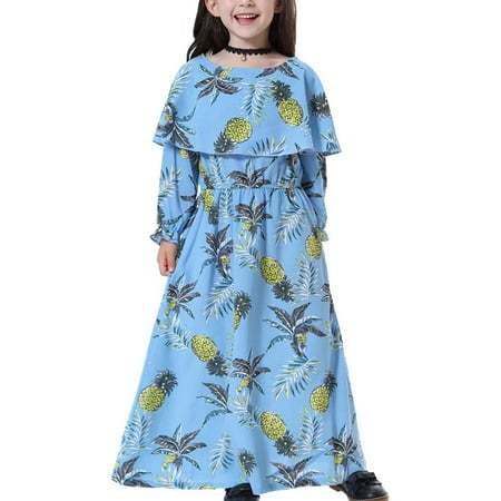 

Tejiojio Girls and Toddlers Soft Cotton Clearance Muslim Long Dress Middle Big Girls Long Sleeve Round Neck Lace Print Dress