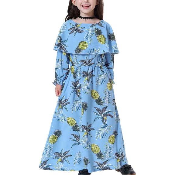 Herrnalise Muslim Long Dress Middle Big Girls Long Sleeve Round Neck Lace Print Dress Deals !