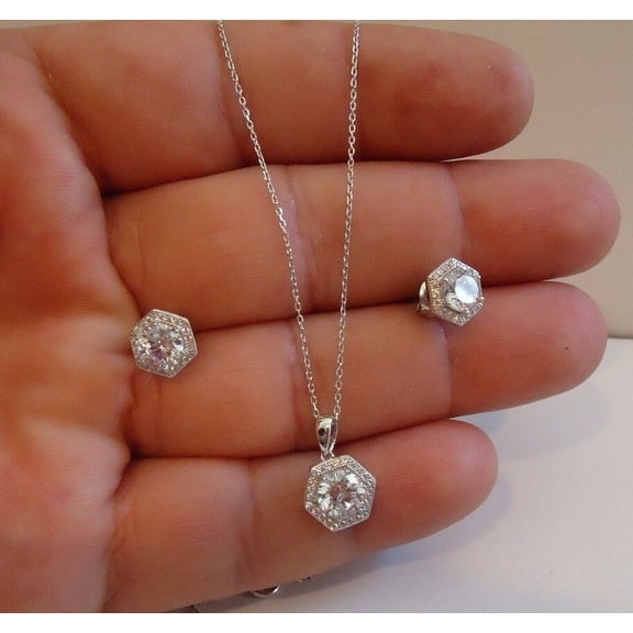 Sparkle Jewel Necklace & Stud Earring Sets 14k White Gold Plated Round Cut Diamond Pendant