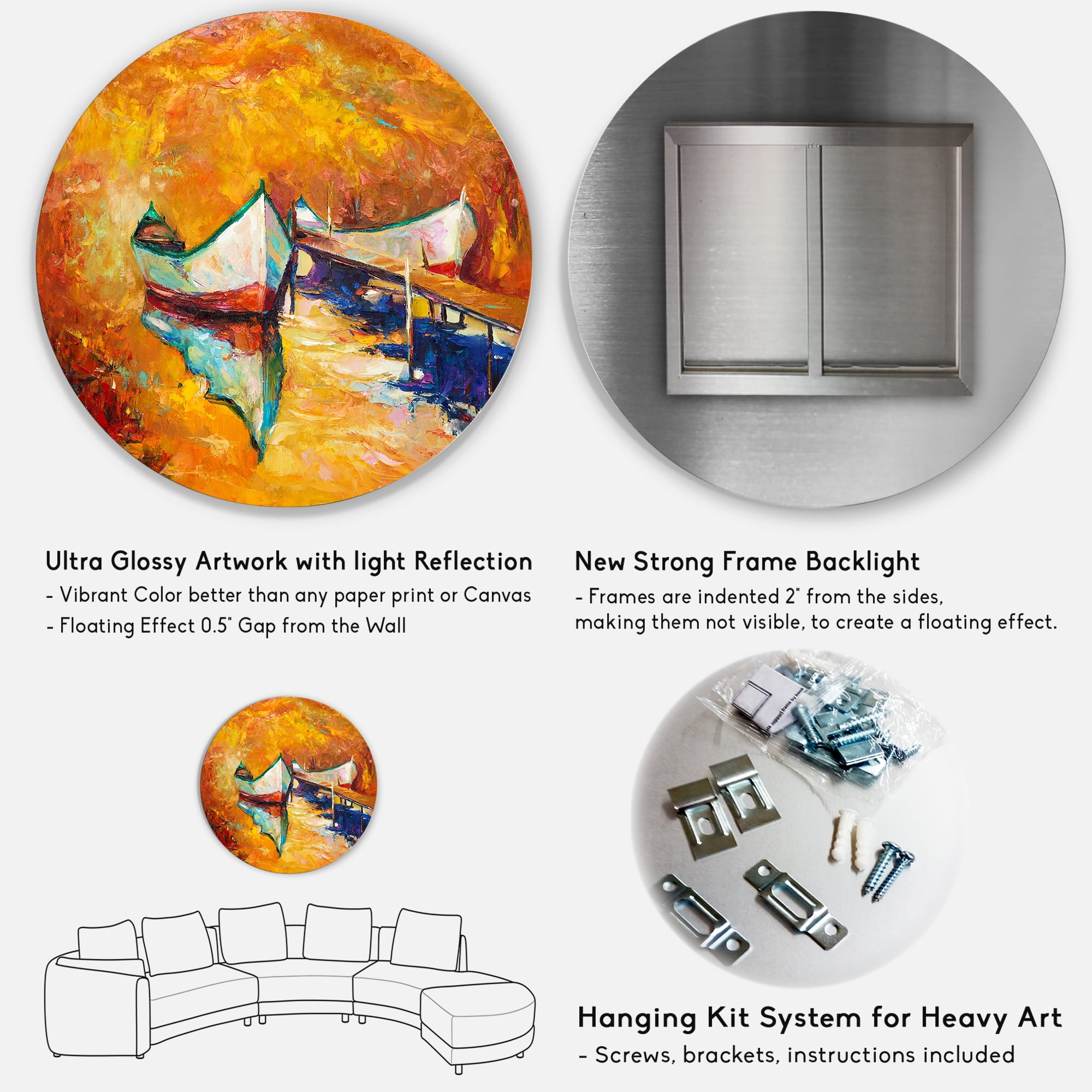 Designart 'Little Boat During Warm and Orange Evening' Nautical & Coastal Circle Metal Wall Art 36x36 - Disc of 36