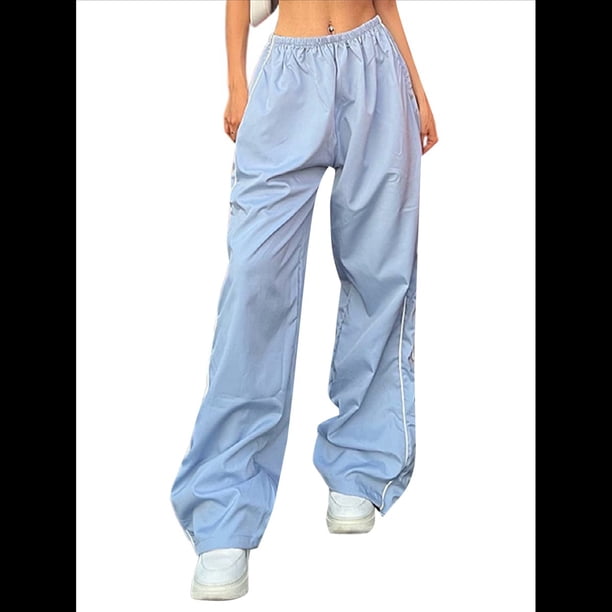 Pantalones de Paracaídas para Mujer, Pantalones Holgados de Pierna , Pantalones Deportivos con Cintura Elástica Y2K, Pantalones Deportivos, Ropa de Calle Azul M