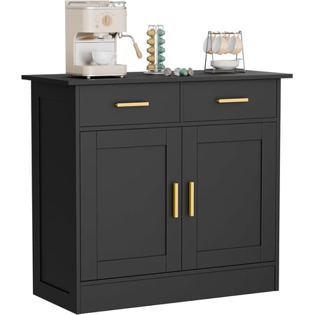 Buffet Cabinet with Storage - Buffets & Sideboards Kitchen Storage Cabinet Wood Console Table Coffee Bar Accent Cabinets for Living Room Dining Room Entryway Small 2 Doors & Drawers Black 35.4 W