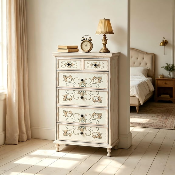 6-Drawer Carved Dresser, MDF and Solid Wood Leg, Tall Narrow Chest for Bedroom, White