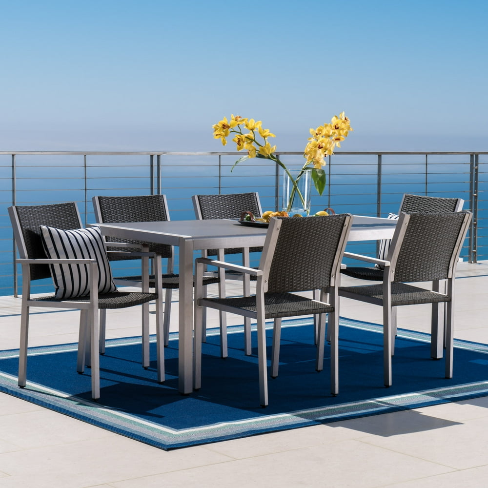 Miller Outdoor 7 Piece Aluminum Dining Set with Tempered Glass Table