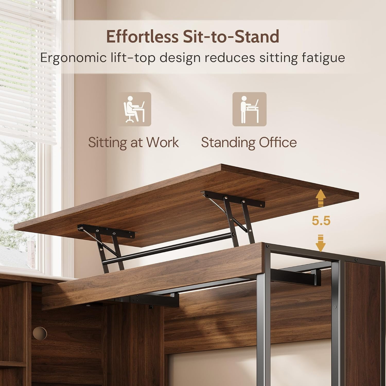 Vividwood 63" L Shaped Desk with Lift Top, Power Outlets, 3 Fluted Design Drawers, Storage Shelves, CPU Stand for Home Office (Light Walnut)