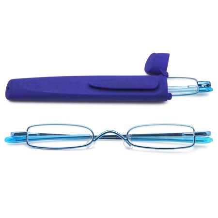 MAGIMODAC Compact Reading Glasses Men Women Portable Mini Metal Mini Eyeglasses Eyewear Pocket Readers With Case (Blue with Blue Case, +4.0)