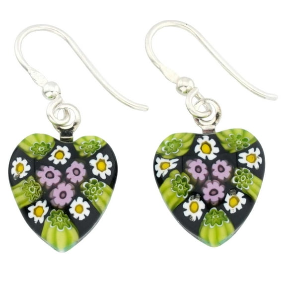GlassOfVenice Murano Glass Millefiori Heart Earrings - Silver