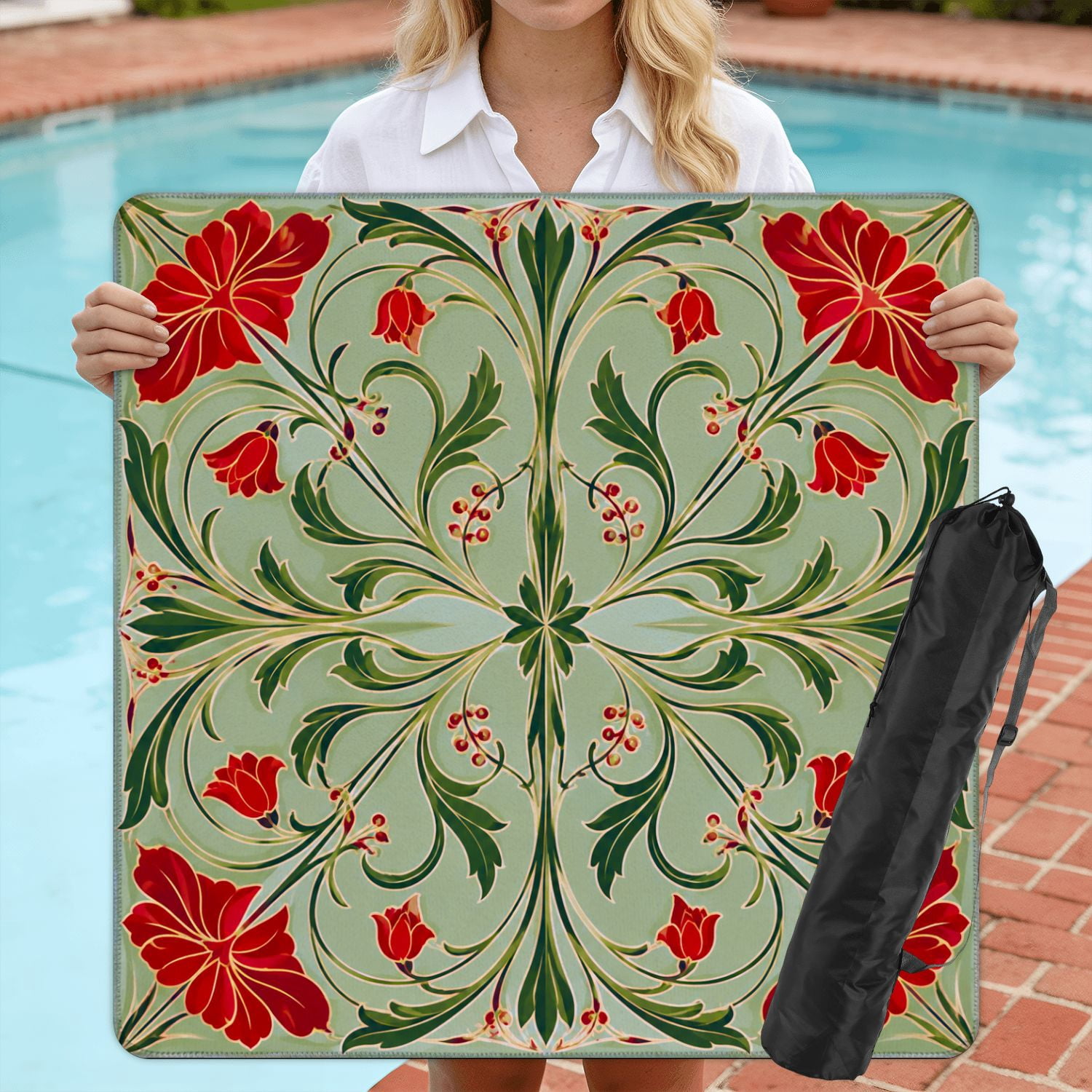 Mahjong Mat 31.5" x 31.5" Red Floral Green Swirling Leaves Soft Non-Slip Noise Reduction American Mahjong Tiles Table Cover for Dominoes Poker Card Board Games Gift