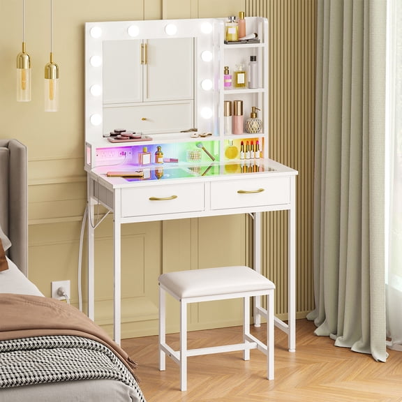 Tomnk Vanity Desk with Lighted Mirror and Charging Station, Hollywood Makeup Vanity with 10 Dimmable Bulbs, 3 Color Lighting Modes, Glass Top, 2 Drawers, Open Shelves & Stool, White