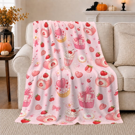 Strawberry Cakes And Milkshakes With Sweet Hearts, Soft Flannel Blanket with Sweet Watercolor Repeat Print, Housewarming Gift and Home Decor for Bedroom and Living Room