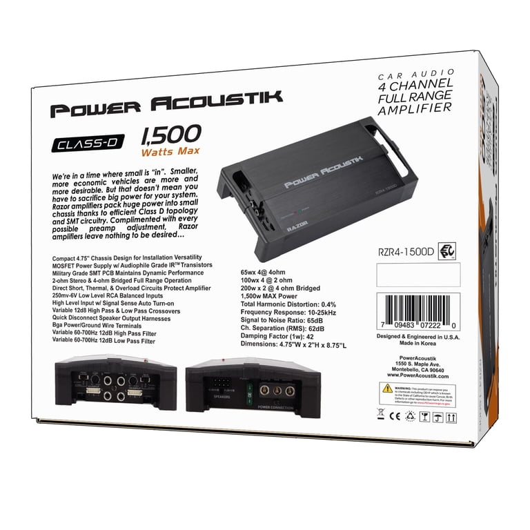 Power Acoustik RZR4-1500D 4-Ch Amp - 1500W Max - High Power