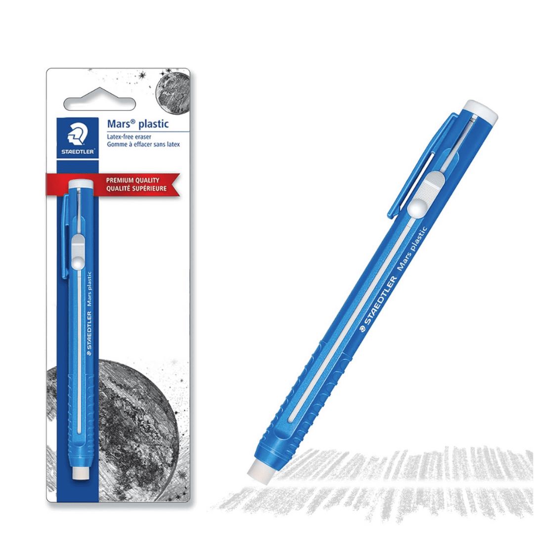 STAEDTLER 6-Pack Mars Plastic Eraser Pen with Refillable Holder, German-Made Eraser for Pencils, Smudge-Free & Tear-Free Precision, Retractable Design with Clip, Blue, 6 Count